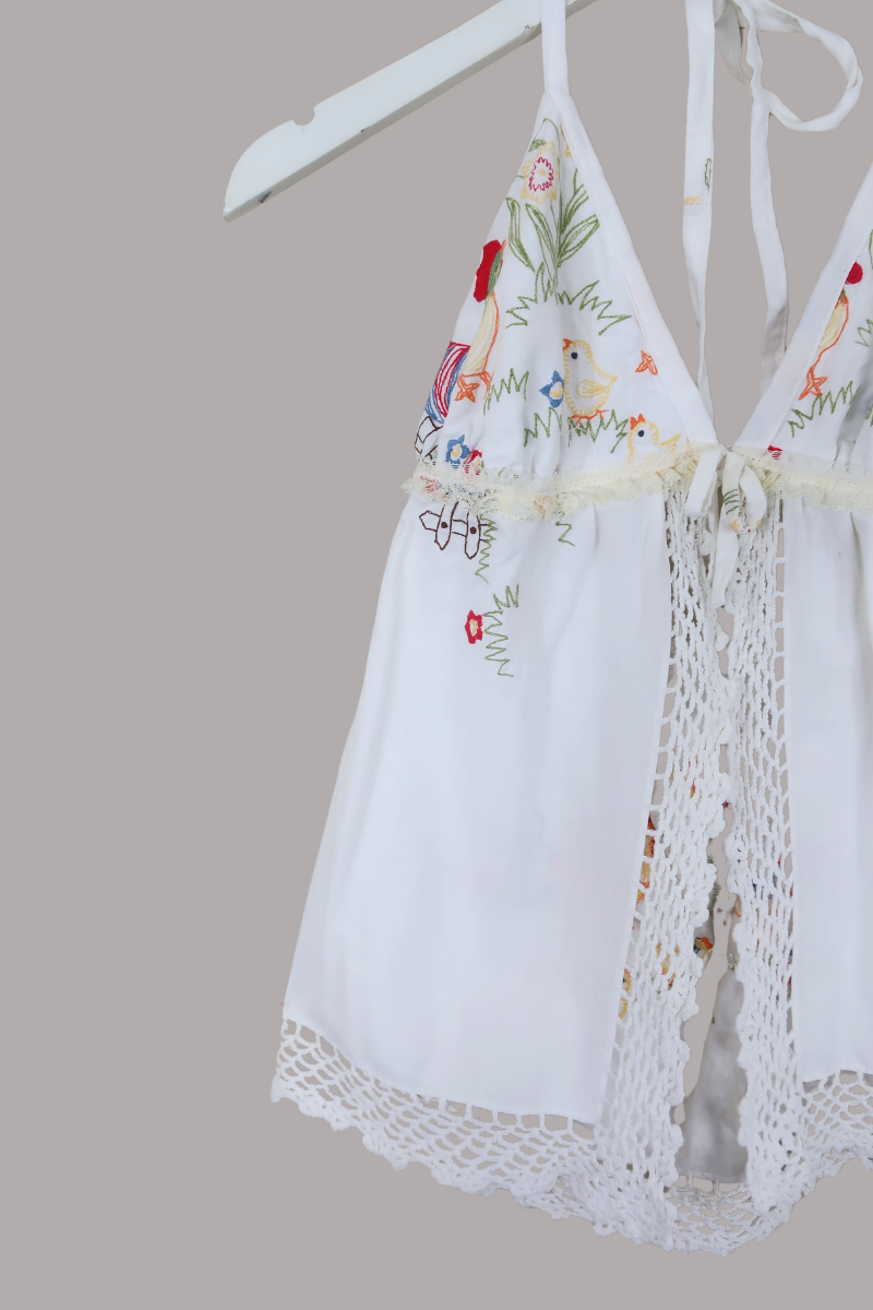 Babydoll Vintage Tablecloth Top in Spring Chickens - Size XS/S