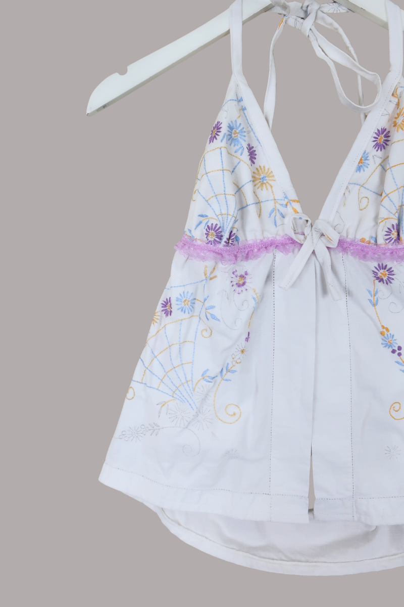 Babydoll Vintage Tablecloth Top in Blueberry & Apricot - Size XS/S