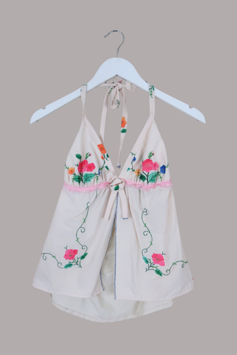 Babydoll Vintage Tablecloth Top in Pink Plumeria Vines - Size XS/S