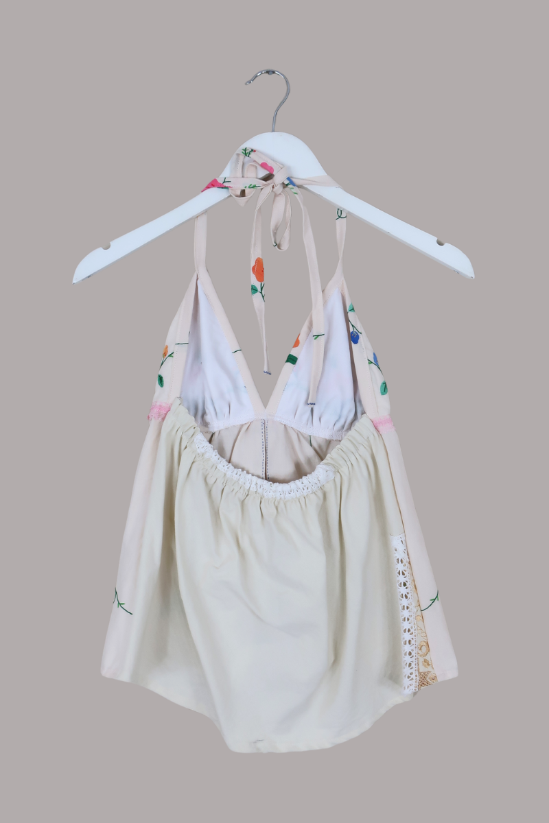 Babydoll Vintage Tablecloth Top in Pink Plumeria Vines - Size XS/S