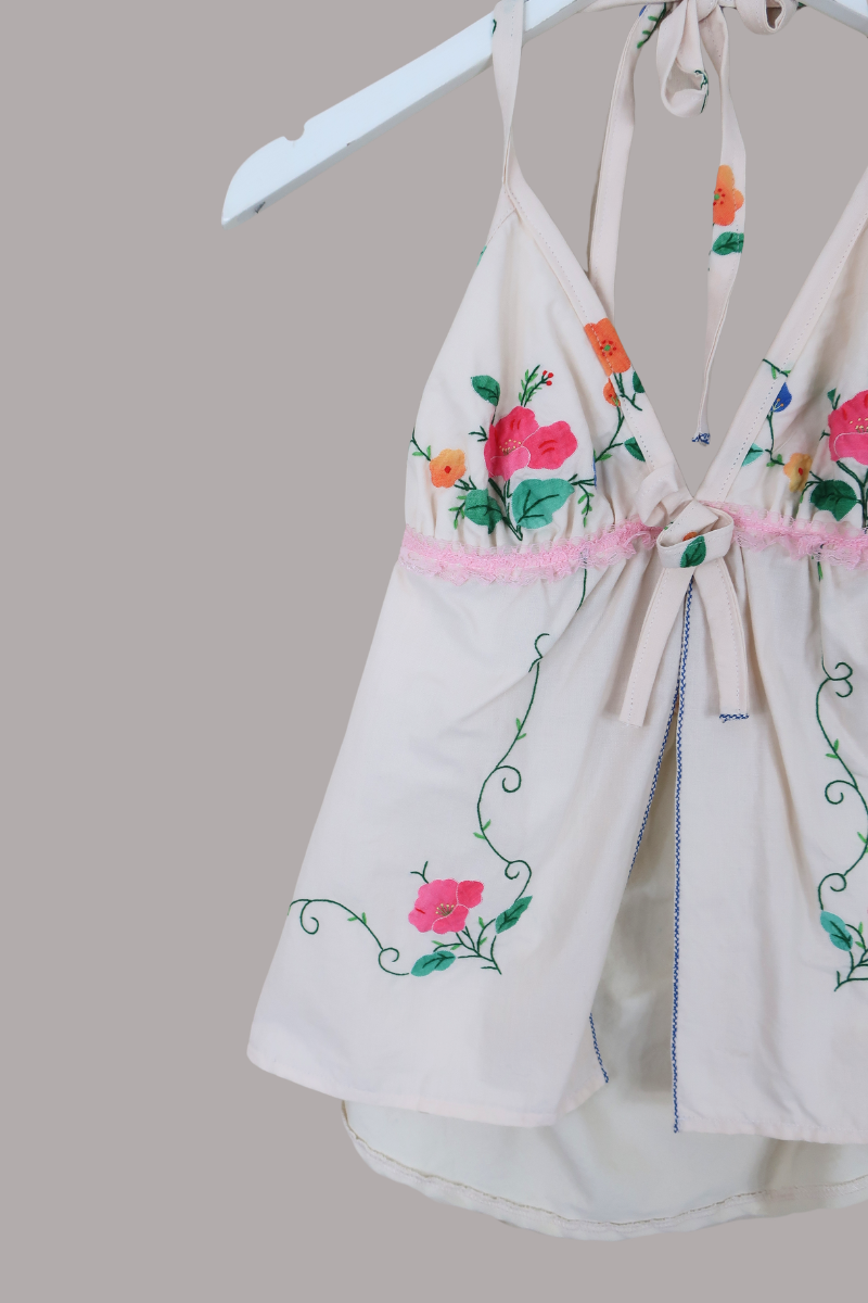 Babydoll Vintage Tablecloth Top in Pink Plumeria Vines - Size XS/S