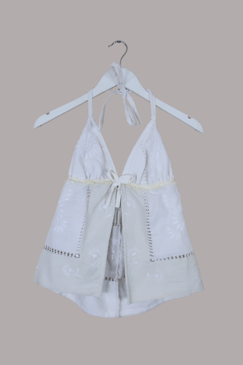 Babydoll Vintage Tablecloth Top in Milk White Florals - Size XS/S