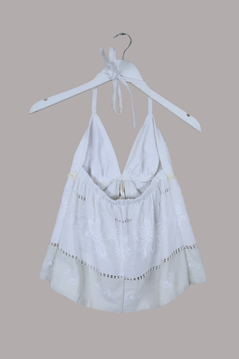 Babydoll Vintage Tablecloth Top in Milk White Florals - Size XS/S