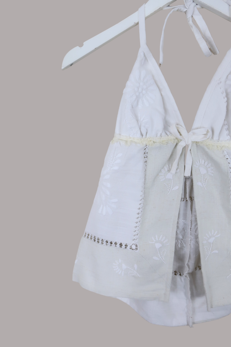 Babydoll Vintage Tablecloth Top in Milk White Florals - Size XS/S