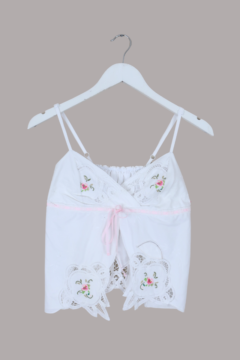 Babydoll Vintage Tablecloth Top in Fae Pink Florals - Size XS