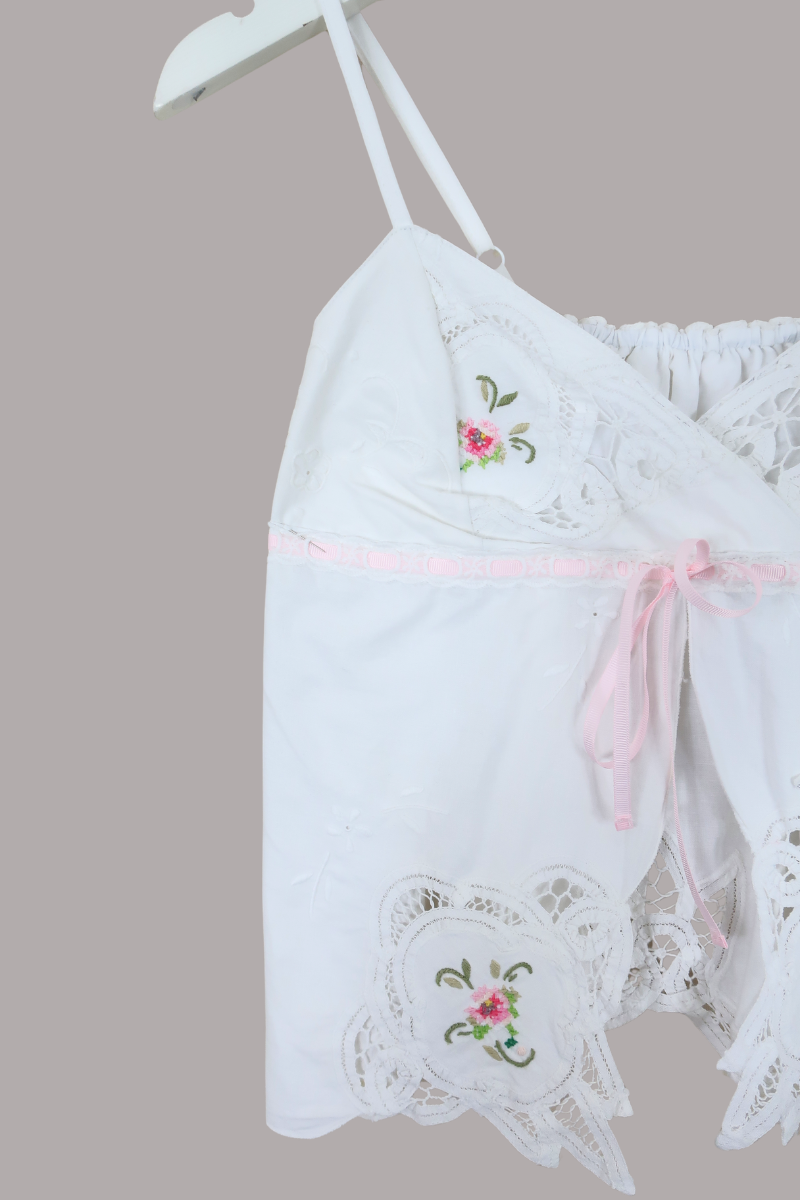 Babydoll Vintage Tablecloth Top in Fae Pink Florals - Size XS