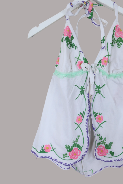 Babydoll Vintage Tablecloth Top in Posy Pink - Size XS/S