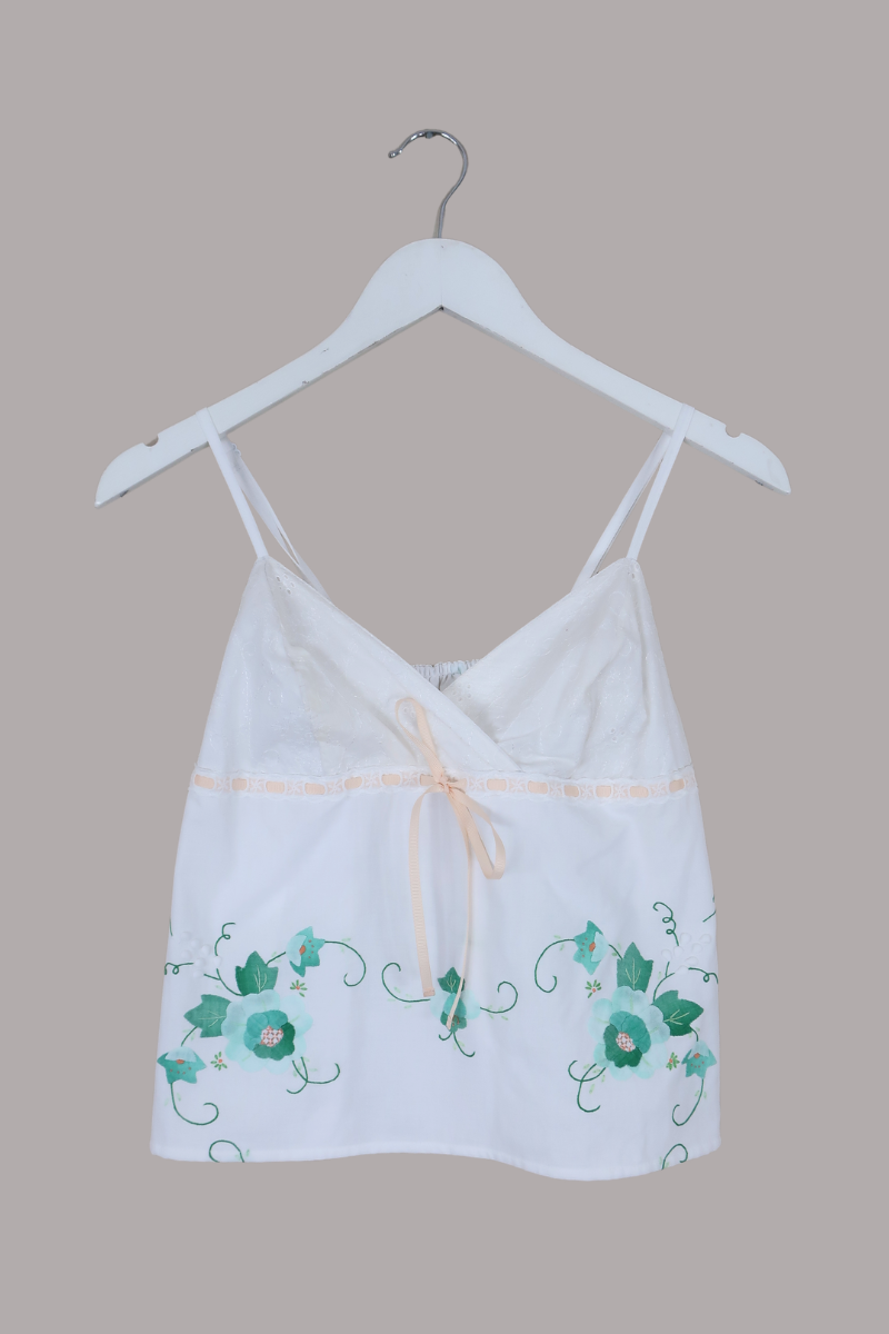Babydoll Vintage Tablecloth Top in Mint Green Florals - Size XS