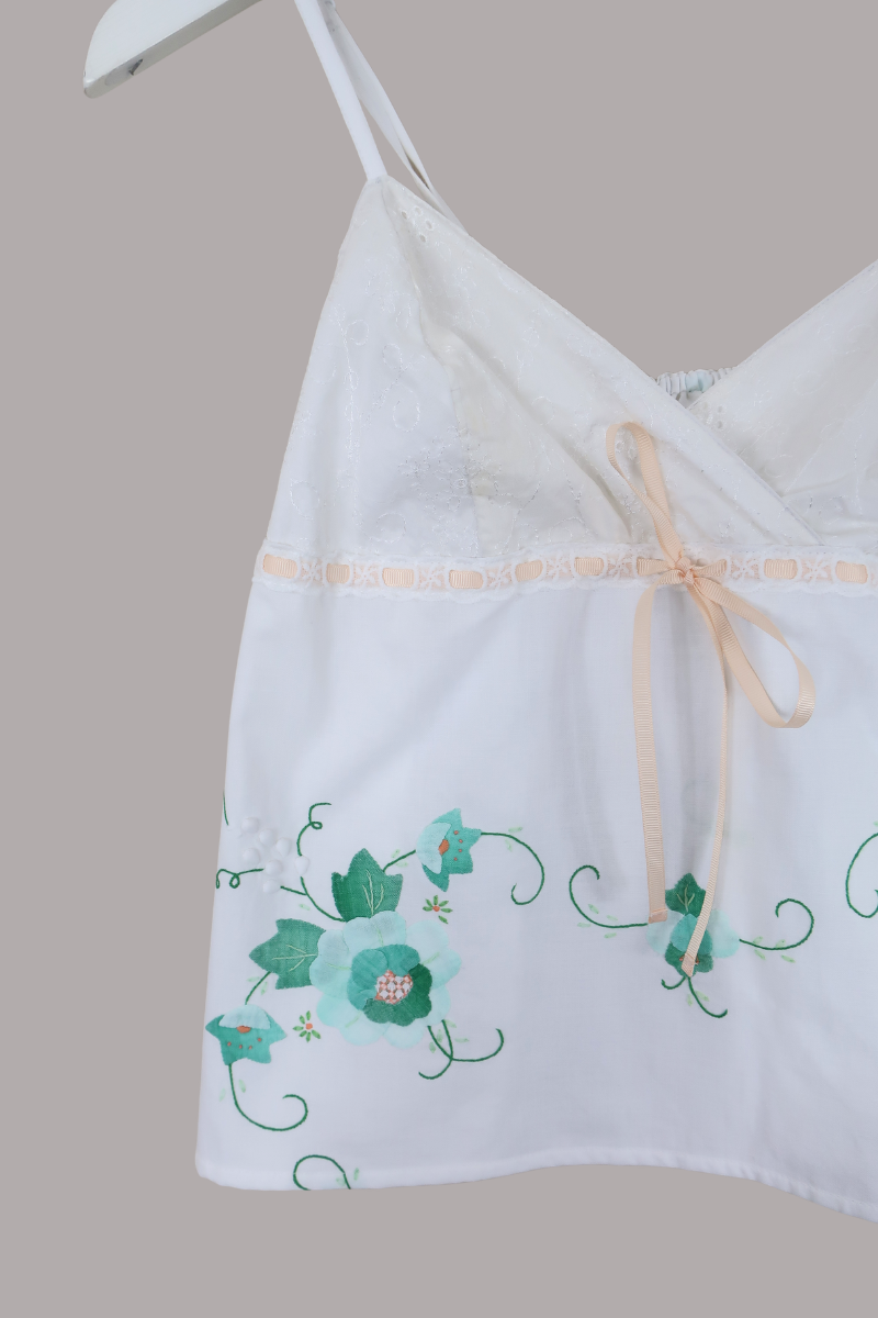 Babydoll Vintage Tablecloth Top in Mint Green Florals - Size XS