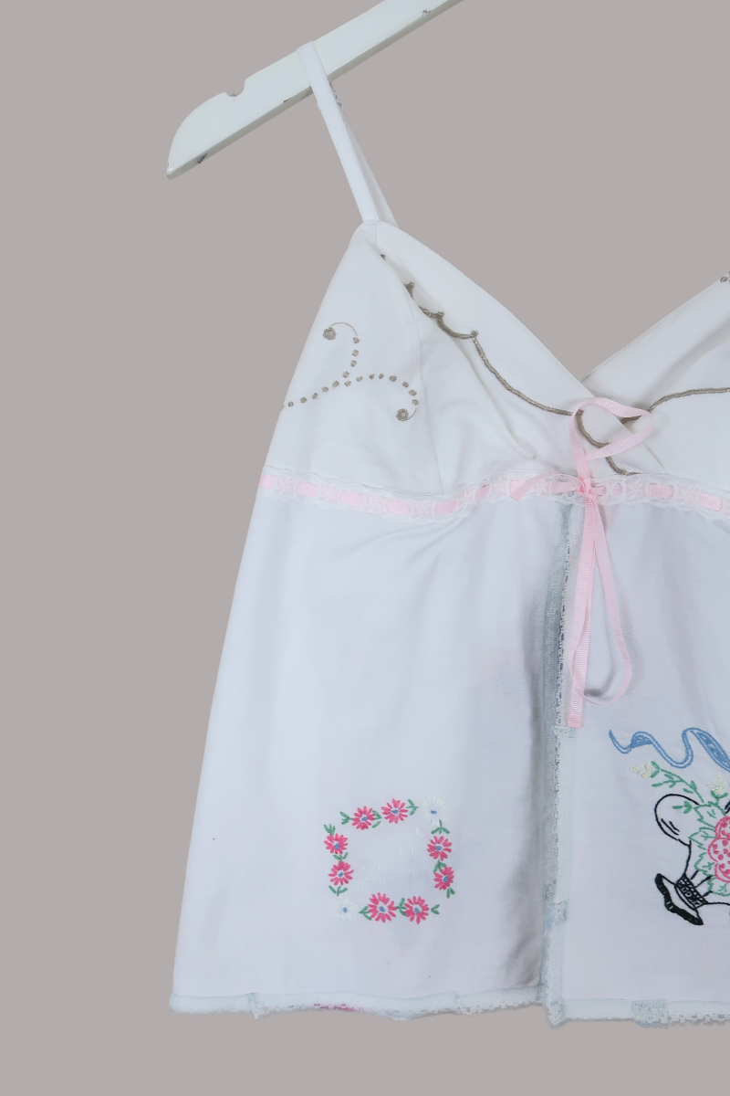 Babydoll Vintage Tablecloth Top in Fresh Floral Vase - Size XS