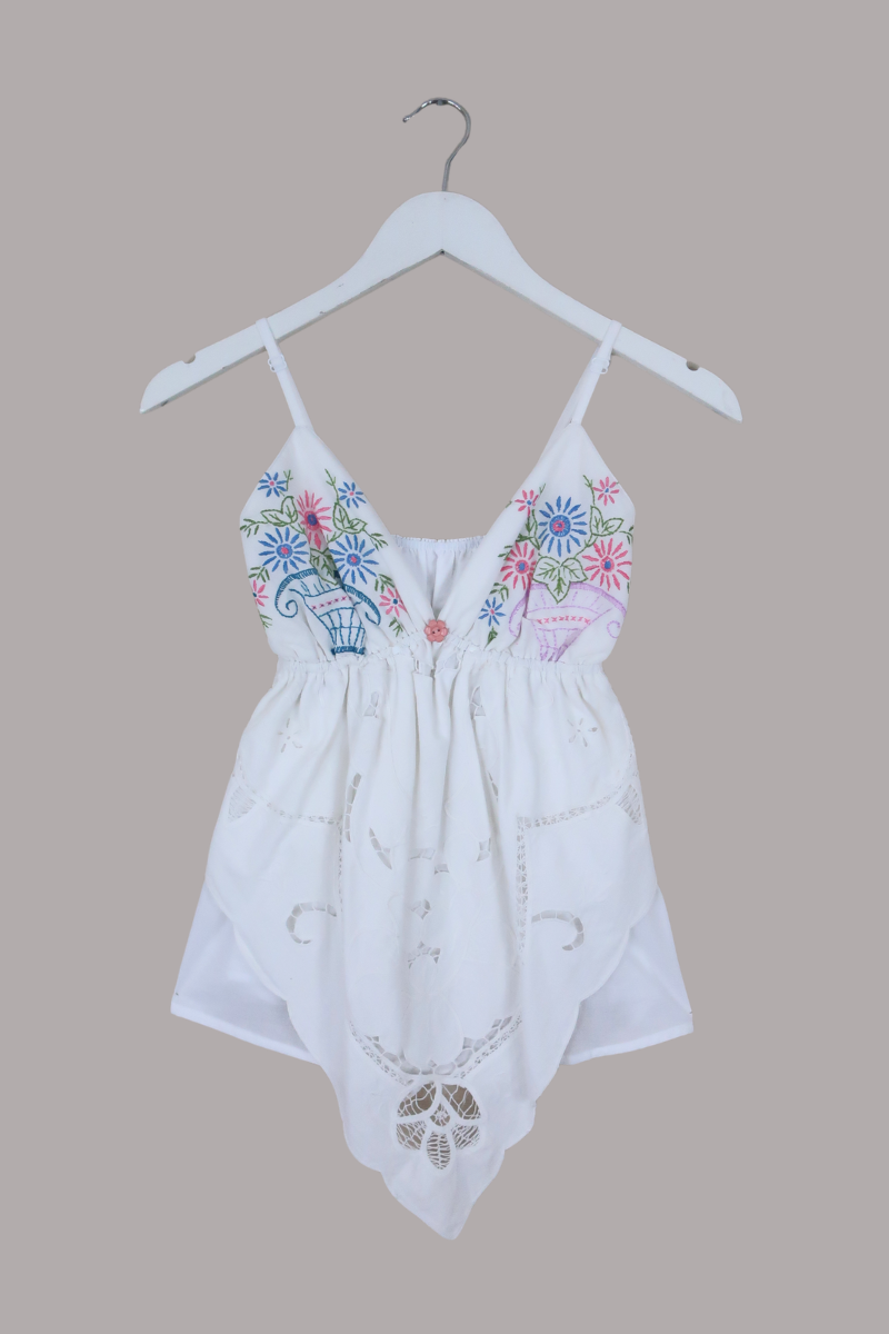 Babydoll Vintage Tablecloth Top in Persephone Flower Vase - Size XS/S