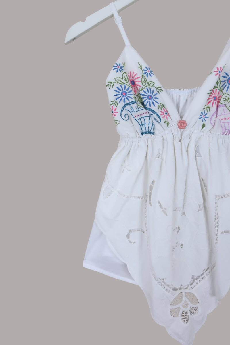 Babydoll Vintage Tablecloth Top in Persephone Flower Vase - Size XS/S