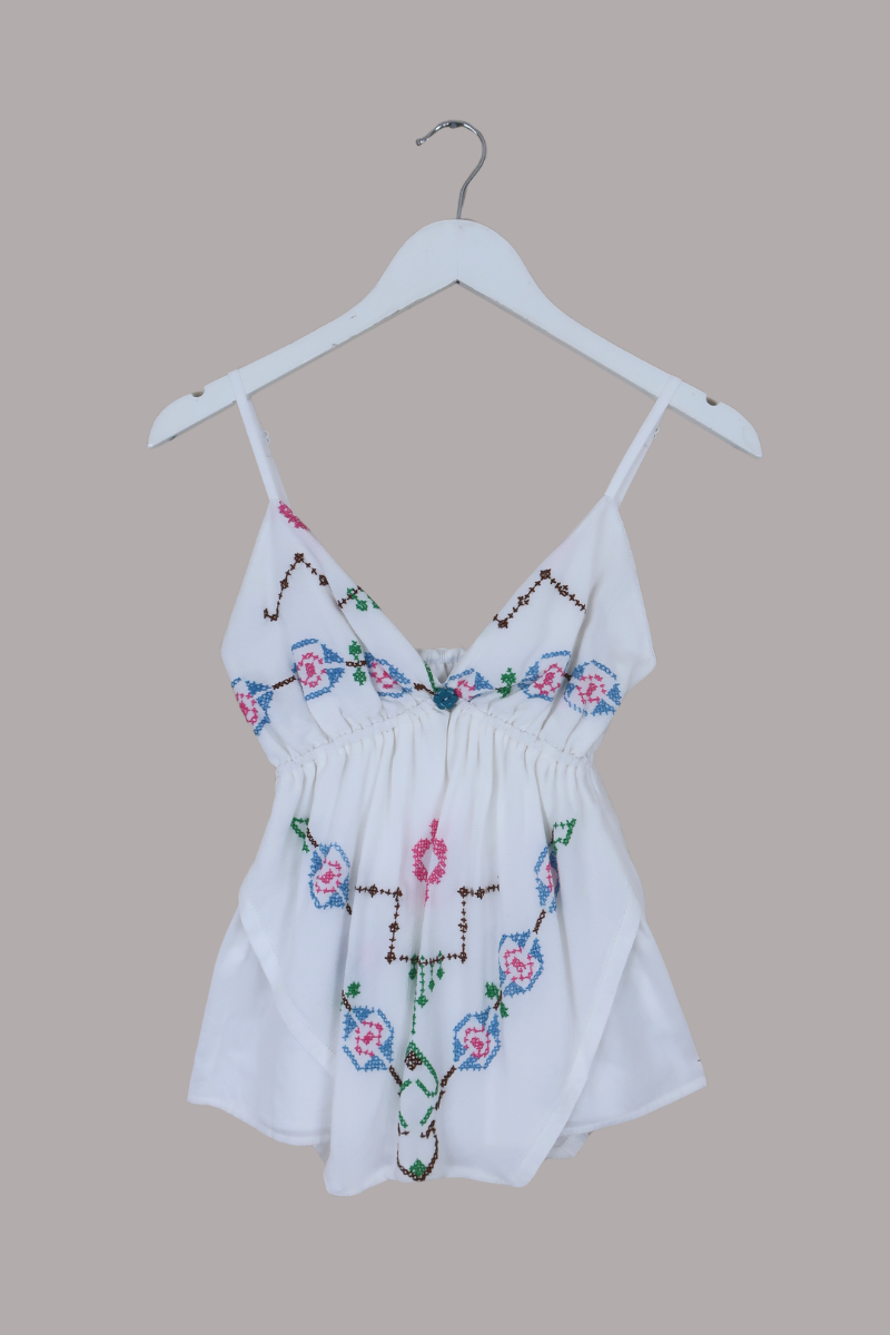 Babydoll Vintage Tablecloth Top in Grecian Blue Cross Stitch - Size XS/S