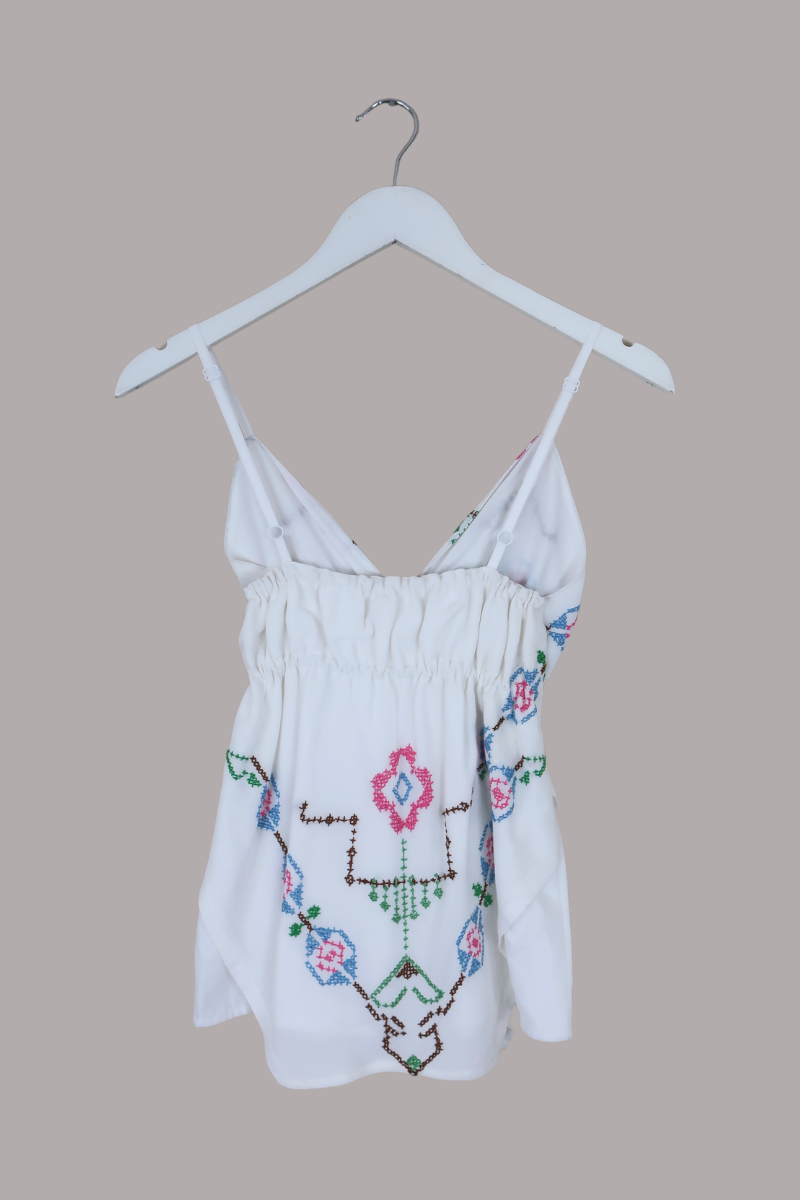 Babydoll Vintage Tablecloth Top in Grecian Blue Cross Stitch - Size XS/S