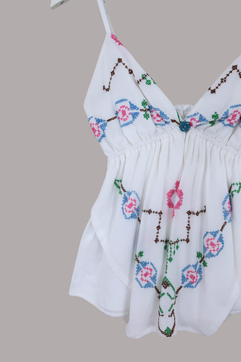 Babydoll Vintage Tablecloth Top in Grecian Blue Cross Stitch - Size XS/S