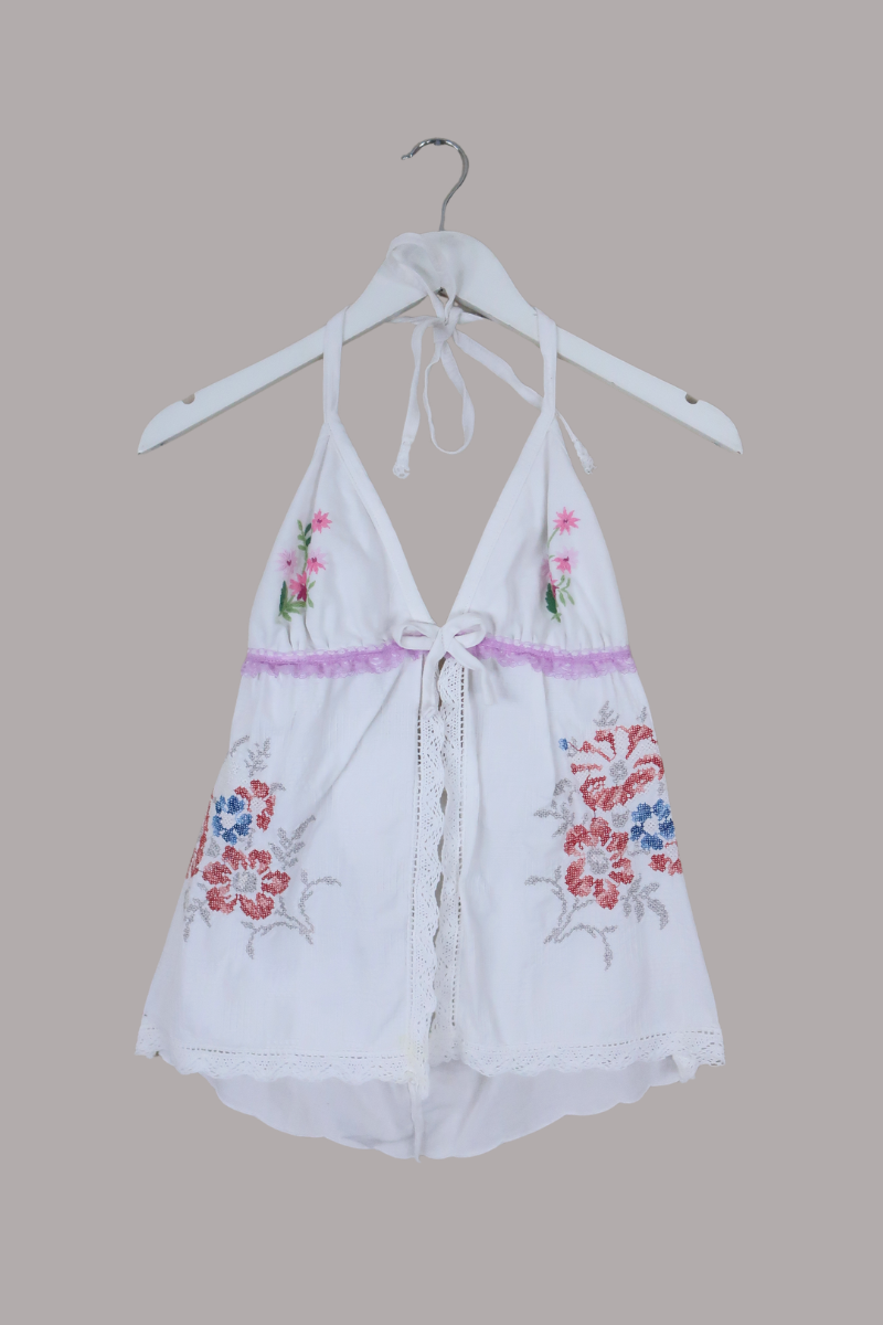 Babydoll Vintage Tablecloth Top in Poppies & Violets - Size XS/S