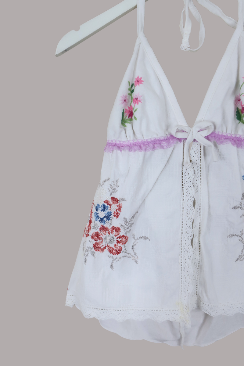 Babydoll Vintage Tablecloth Top in Poppies & Violets - Size XS/S