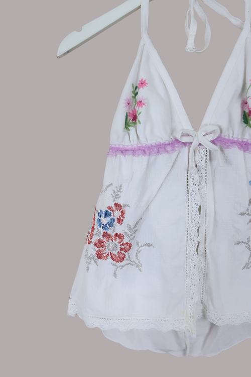 Babydoll Vintage Tablecloth Top in Poppies & Violets - Size XS/S