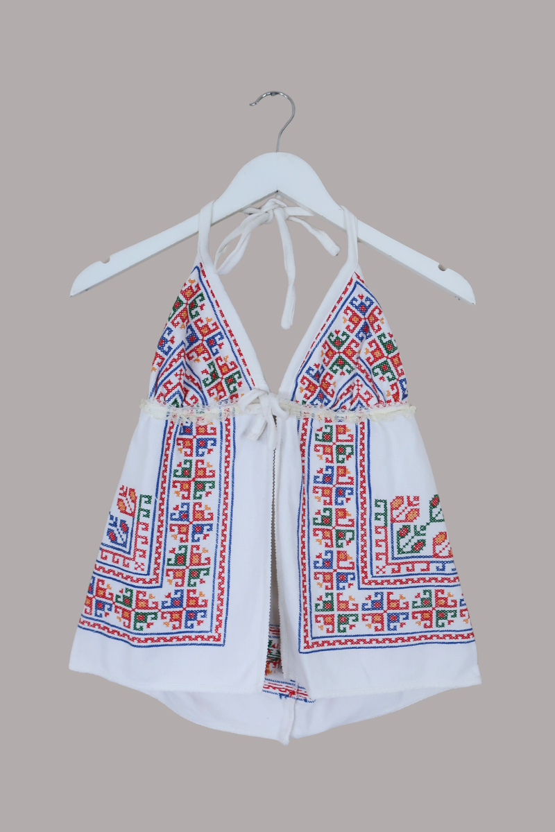 Babydoll Vintage Tablecloth Top in Kitschy Cross Stitch - Size XS/S