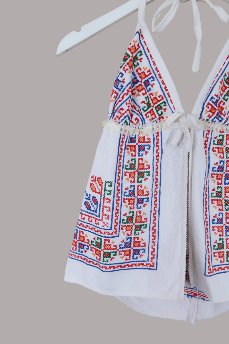 Babydoll Vintage Tablecloth Top in Kitschy Cross Stitch - Size XS/S