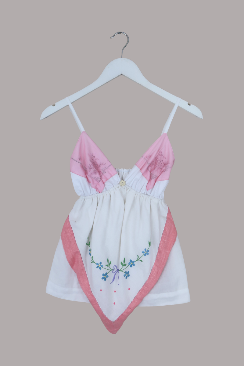 Babydoll Vintage Tablecloth Top in Forget-Me-Not Ribbon - Size XS/S