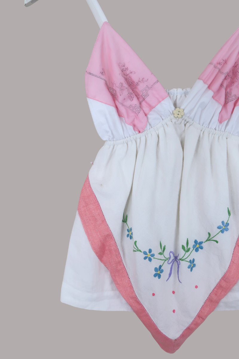 Babydoll Vintage Tablecloth Top in Forget-Me-Not Ribbon - Size XS/S