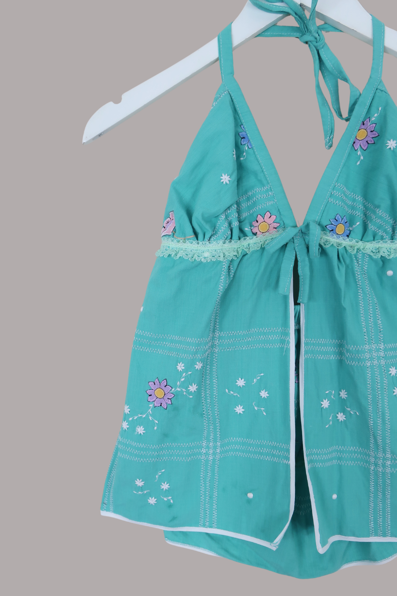 Babydoll Vintage Tablecloth Top in Sea Foam Florals - Size XS/S