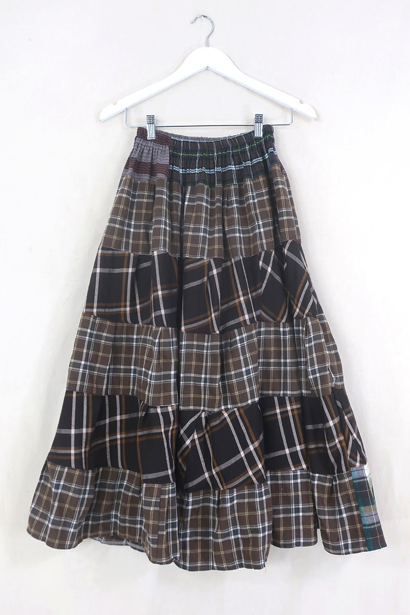 Adelaide Patchwork Maxi Skirt in Midnight Feast Brown Tartan