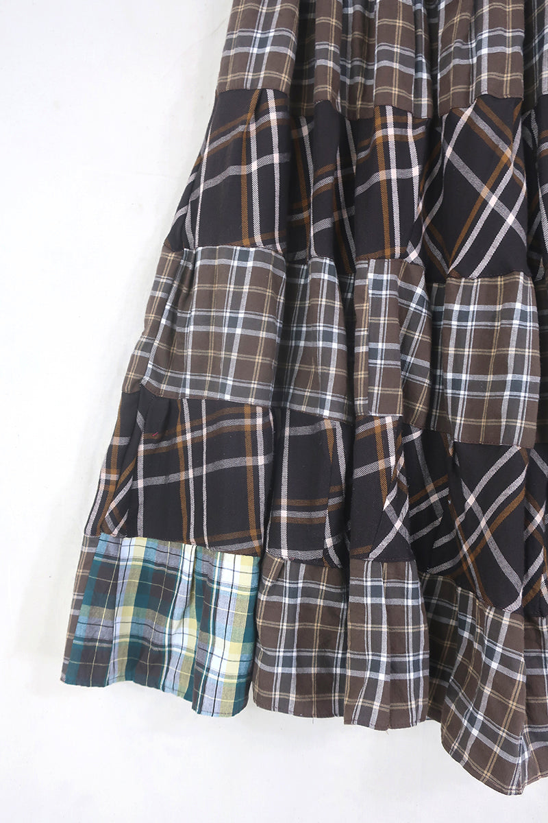 Adelaide Patchwork Maxi Skirt in Midnight Feast Brown Tartan