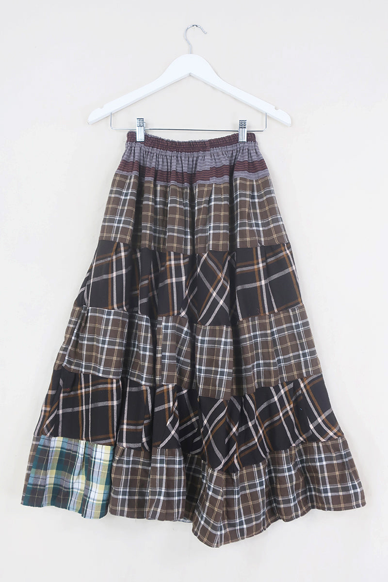 Adelaide Patchwork Maxi Skirt in Midnight Feast Brown Tartan
