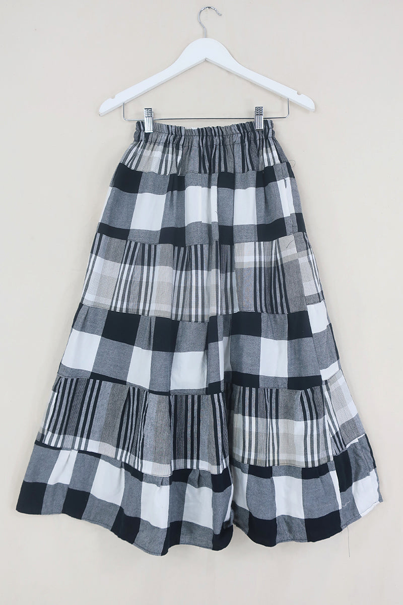 Adelaide Patchwork Maxi Skirt in Hot Goth Black & White Check