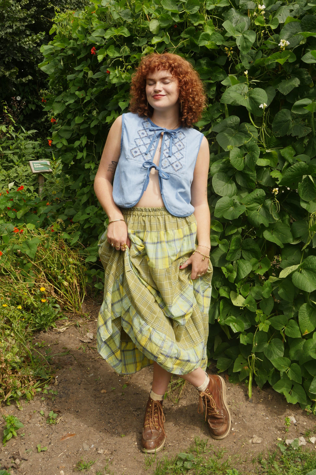 Adelaide Recycled Patchwork Maxi Skirt in Granny Smith Green Tartan All About Audrey Vintage Boutique