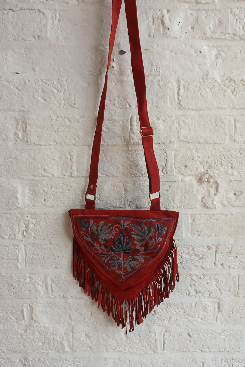 Zelda Embroidered Suede Saddle Bag in Garnet & Blueberry Maple Leaves