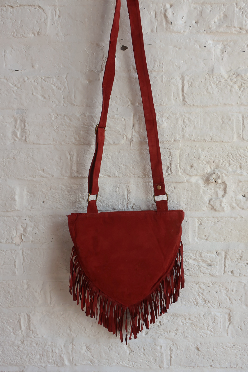 Zelda Embroidered Suede Saddle Bag in Garnet & Blueberry Maple Leaves