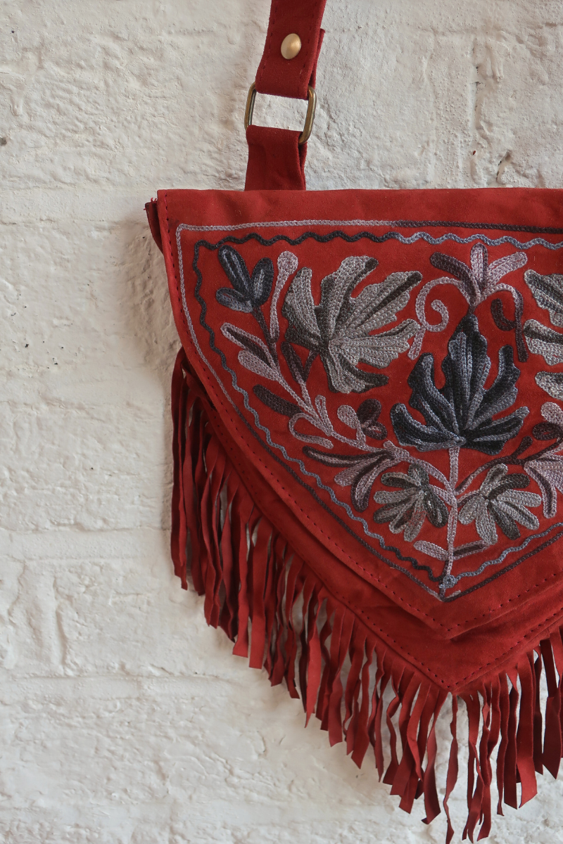 Zelda Embroidered Suede Saddle Bag in Garnet & Blueberry Maple Leaves