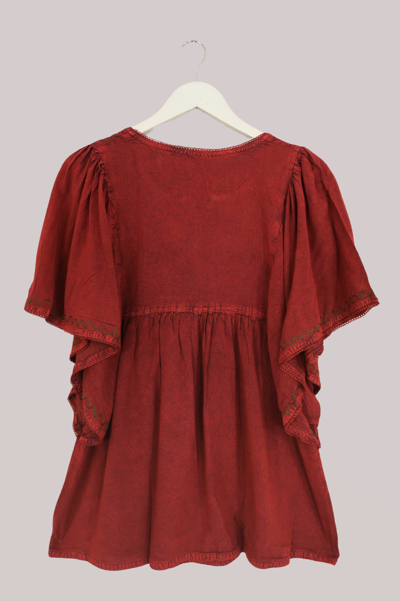 Embroidered Tunic Smock Top in Earth Red - Free Size