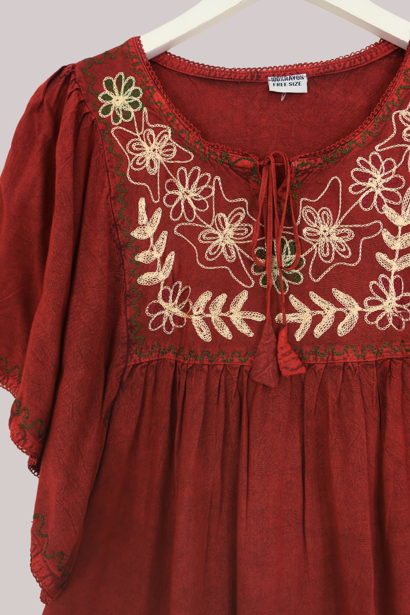 Embroidered Tunic Smock Top in Earth Red - Free Size