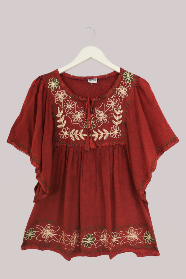 Embroidered Tunic Smock Top in Earth Red - Free Size
