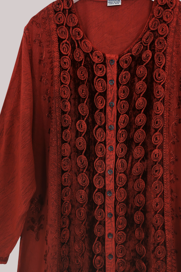 Indian Velvet Embroidered Kaftan in Crimson Red by All About Audrey