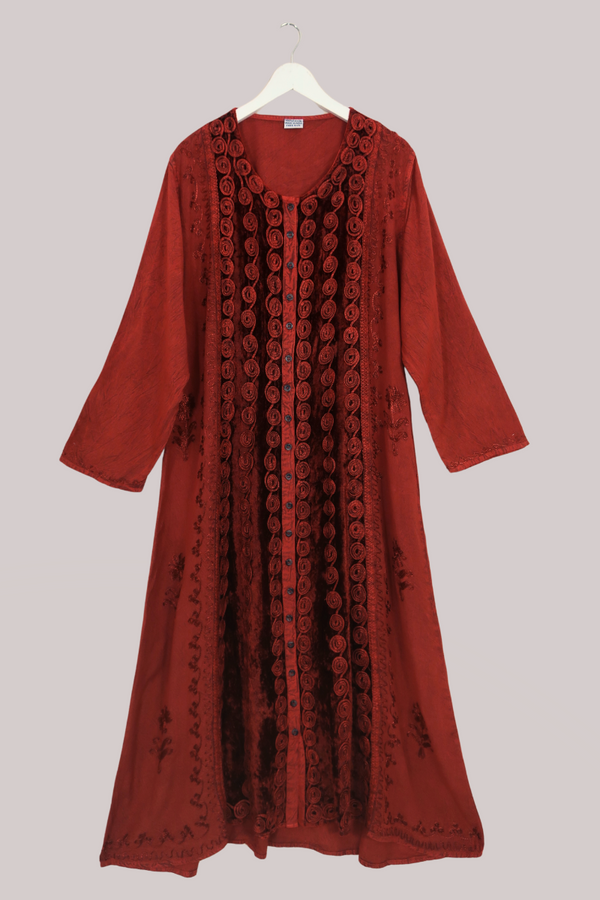 Indian Velvet Embroidered Kaftan in Crimson Red by All About Audrey