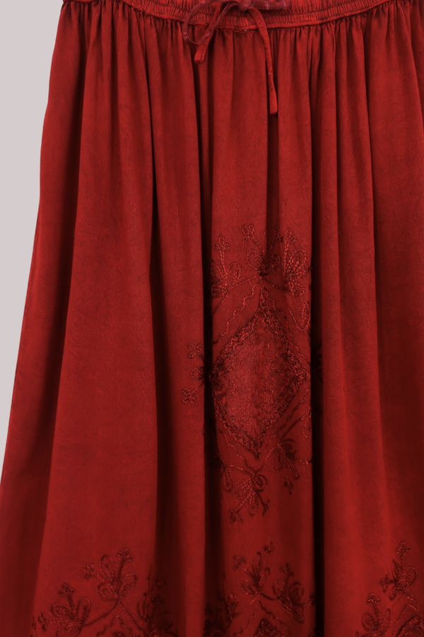 Embroidered Drawstring Maxi Skirt in Earth Red - Free Size