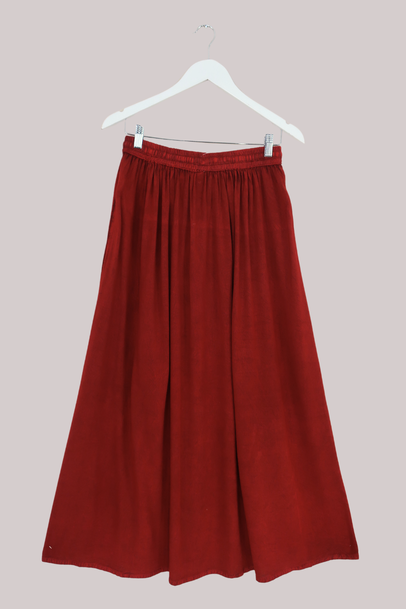 Embroidered Drawstring Maxi Skirt in Earth Red - Free Size