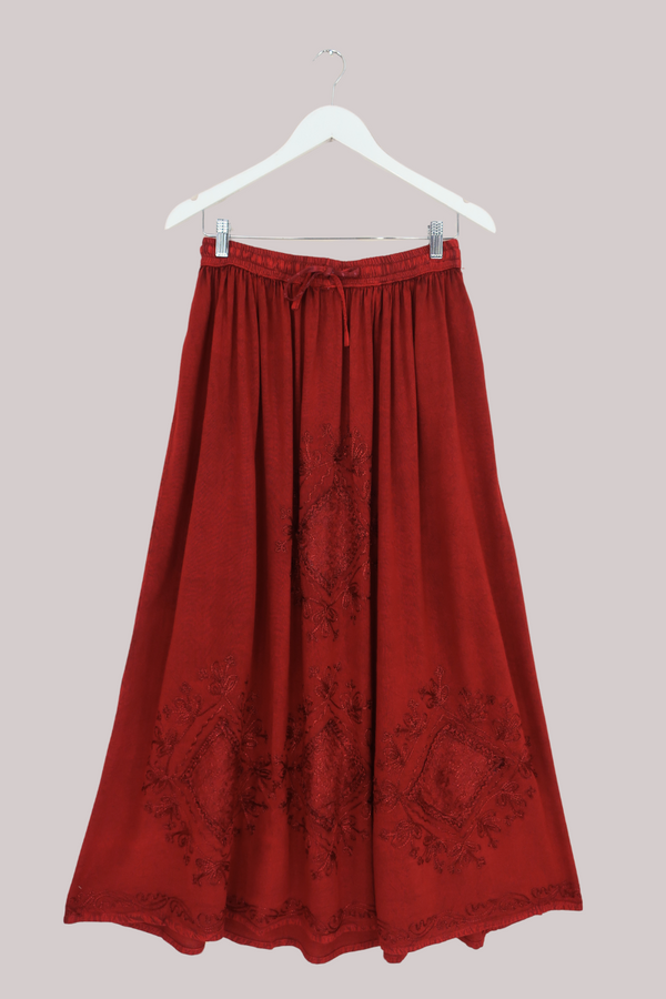 Embroidered Drawstring Maxi Skirt in Earth Red - Free Size