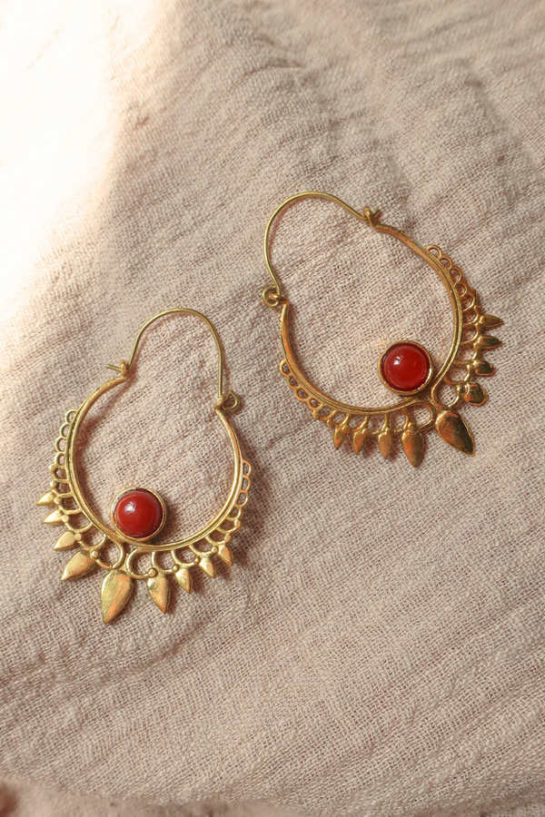 Golden Sundrop Hoop Earrings with Red Carmine