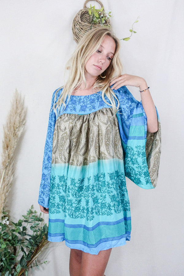 Honey Mini Dress - Vintage Indian Sari - Sea Blue & Taupe Floral (free size) by All About Audrey