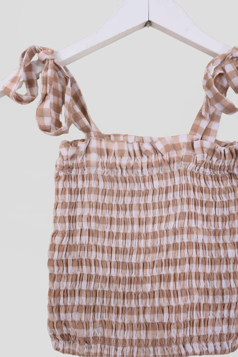 Rosa Ribbon Top in Biscuit Brown Gingham by All About Audrey