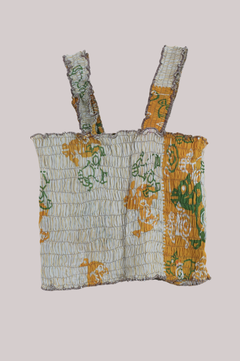 Rosa Vintage Cotton Ruched Top - Cream & Mustard Indian Ponies - Free Size XS by All About Audrey