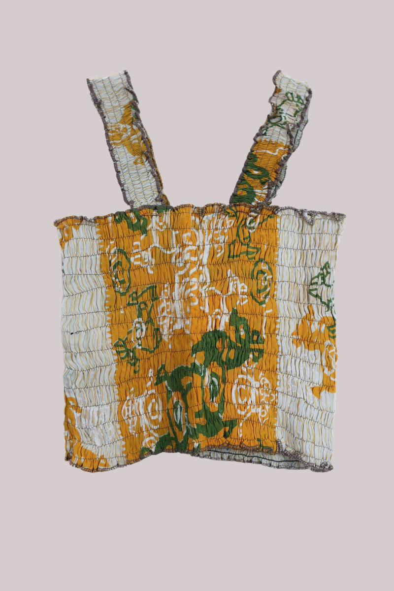 Rosa Vintage Cotton Ruched Top - Cream & Mustard Indian Ponies - Free Size XS by All About Audrey