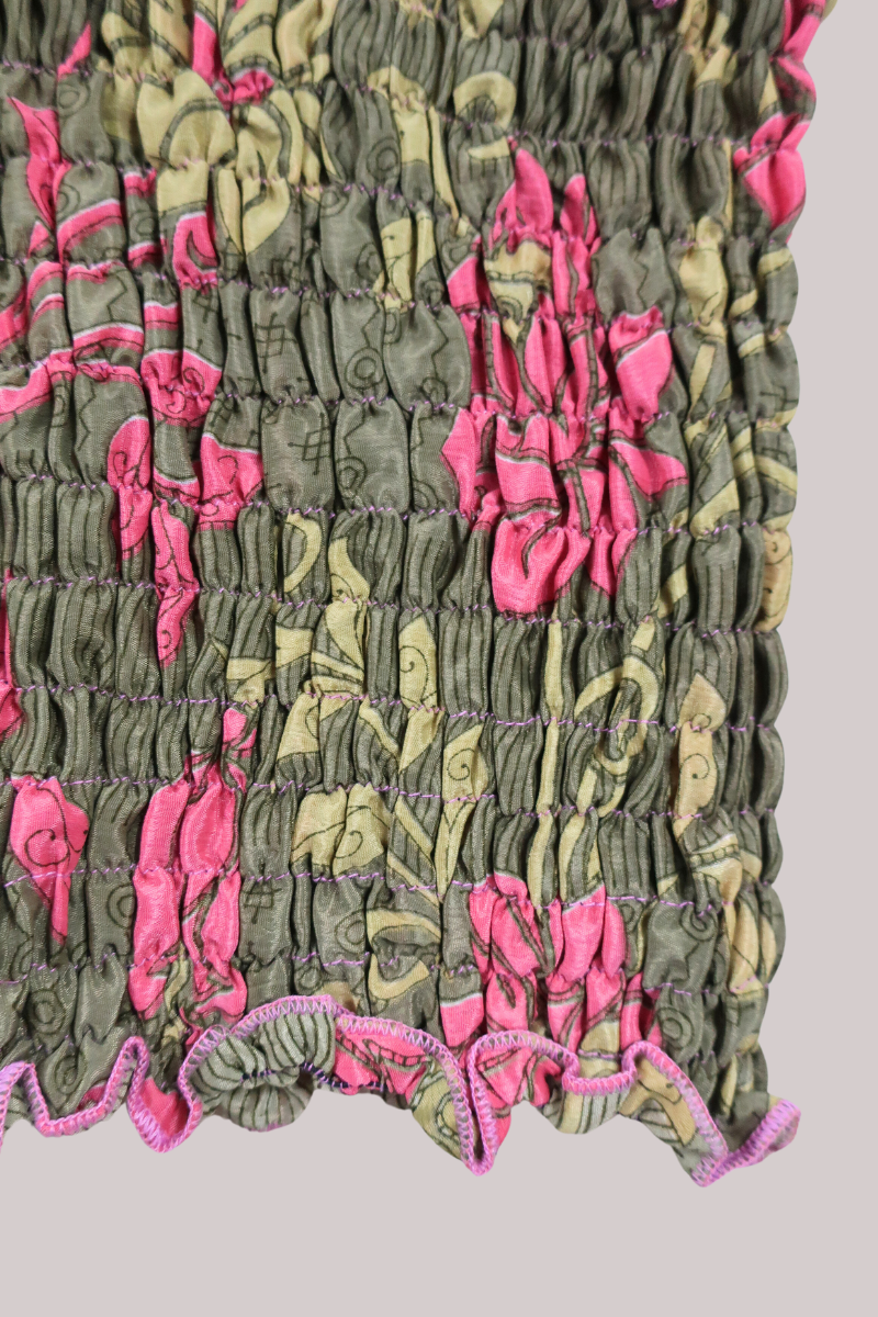 Rosa Vintage Sari Ruched Top - Khaki & Pink Roses - Free Size by All About Audrey