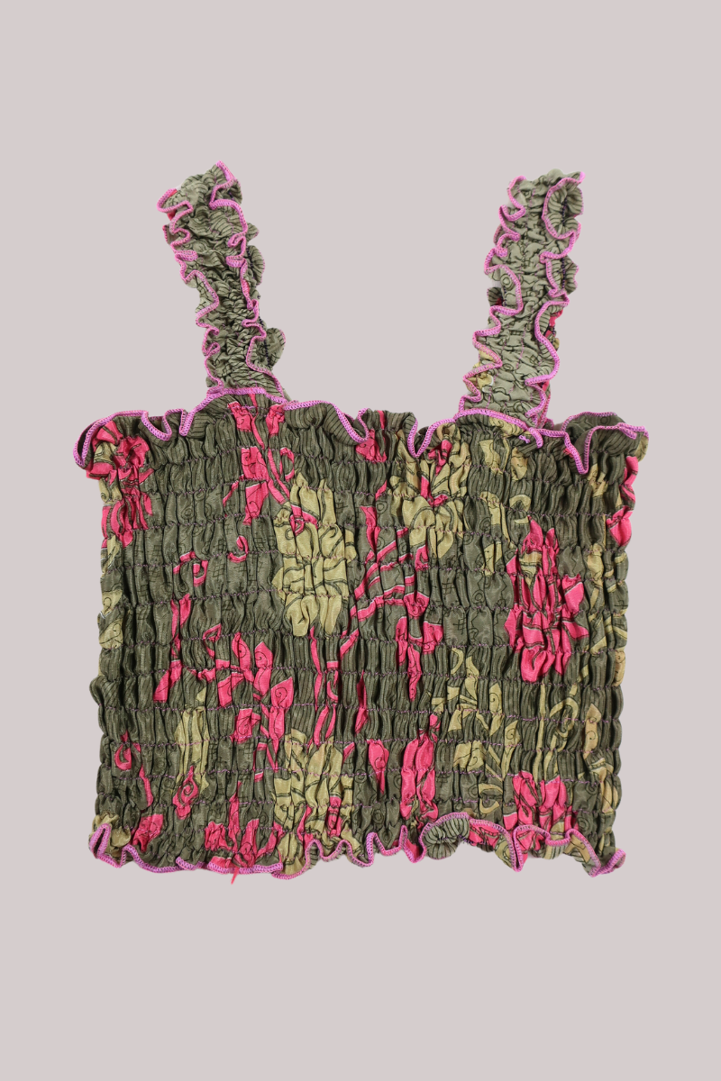 Rosa Vintage Sari Ruched Top - Khaki & Pink Roses - Free Size by All About Audrey